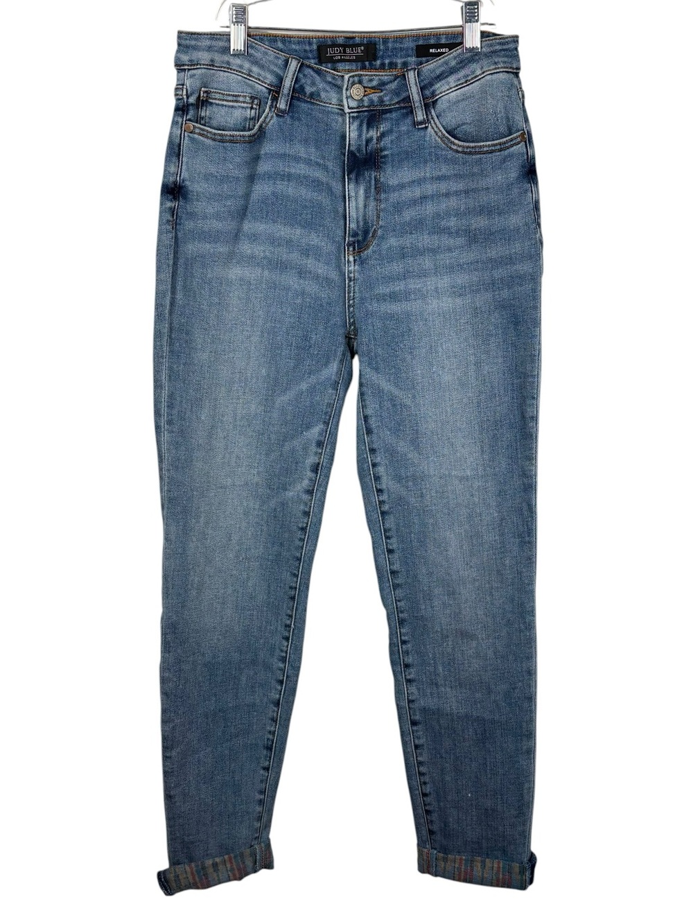 Judy Blue Relaxed Fit Medium Wash Stretch Denim Aztec Print Rolled Hems Jeans 28